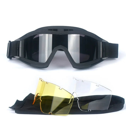 Black 2026 Airsoft tactical goggles with three lenses, windproof and dustproof design for shooting, motocross, motorcycle, and mountaineering safety.