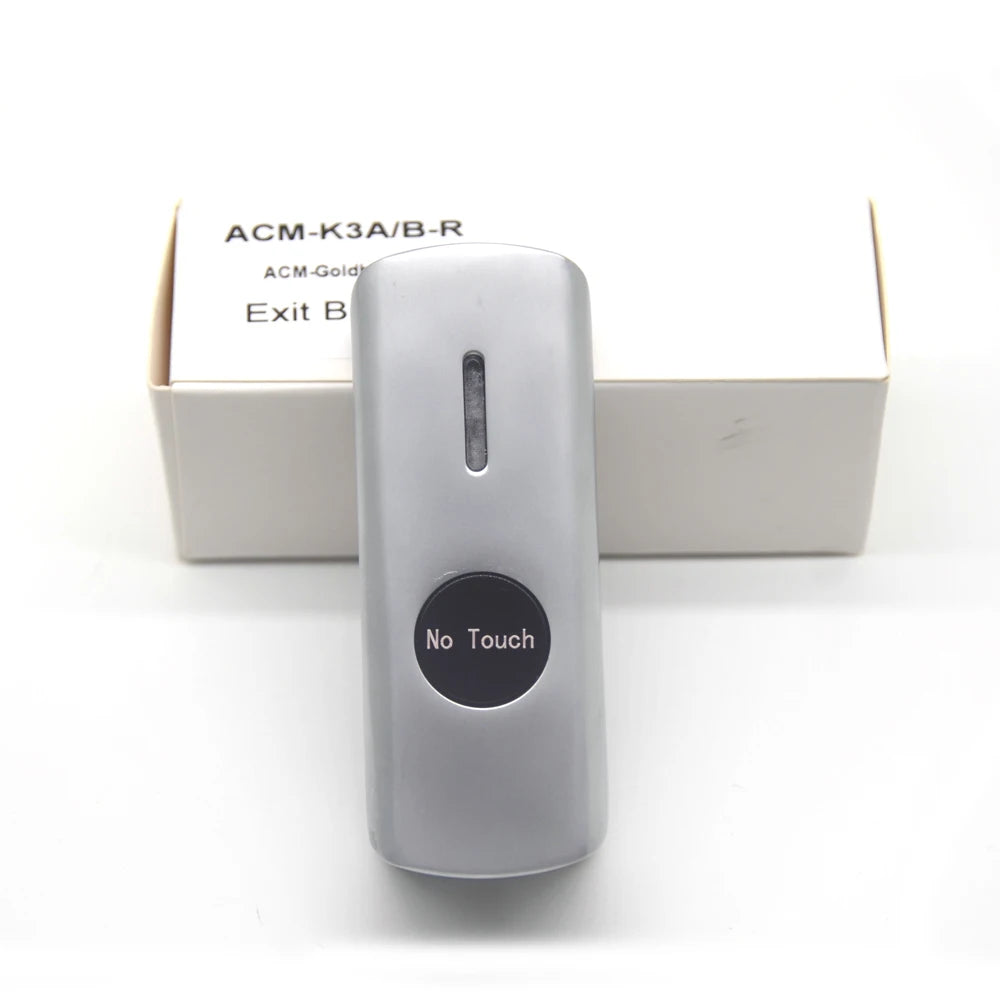 Black zinc alloy exit button with LED light, wall-mounted push switch for door access control, infrared sensor for automatic exit.