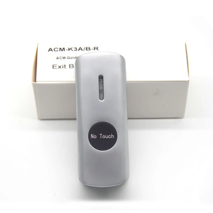 Black zinc alloy exit button with LED light, wall-mounted push switch for door access control, infrared sensor for automatic exit.