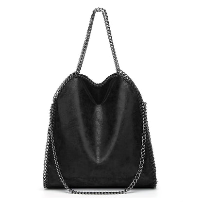 Black women's fashion handbag with a chain strap, large size, casual style, suitable for shoulder or crossbody wear.