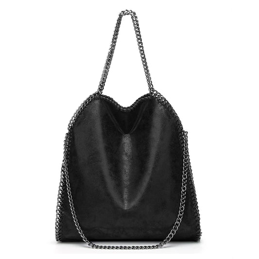 Black women's fashion handbag with a chain strap, large size, casual style, suitable for shoulder or crossbody wear.