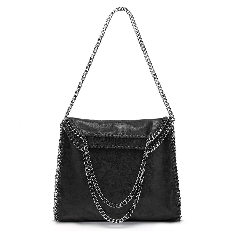 Black women's fashion handbag with chain strap, casual pocket design, large size, shoulder crossbody style, suitable for birthdays.