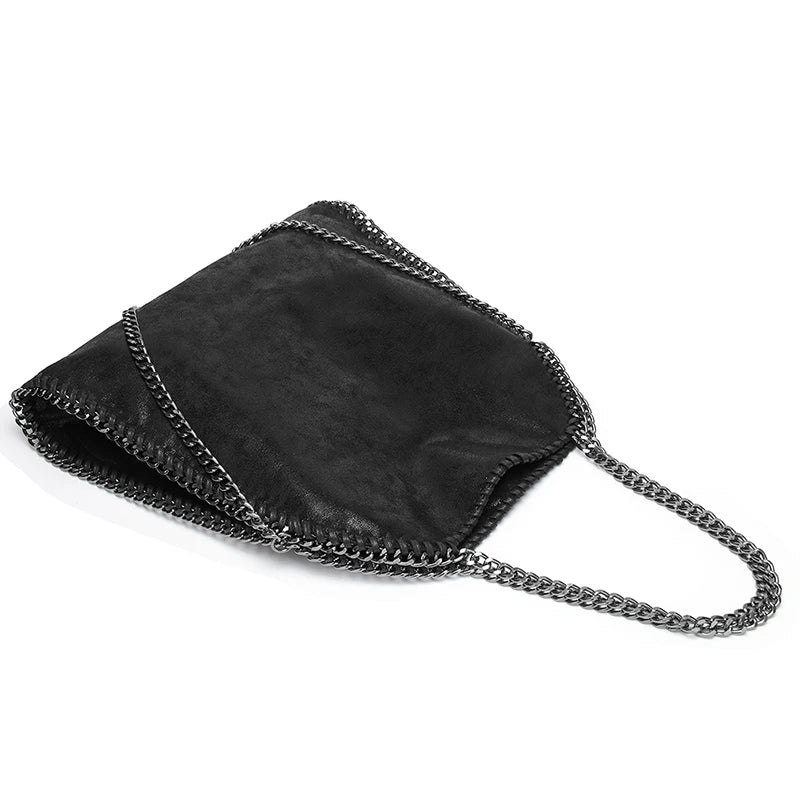 Black women's fashion handbag with chain strap, casual large shoulder crossbody style, featuring a spacious pocket and elegant design