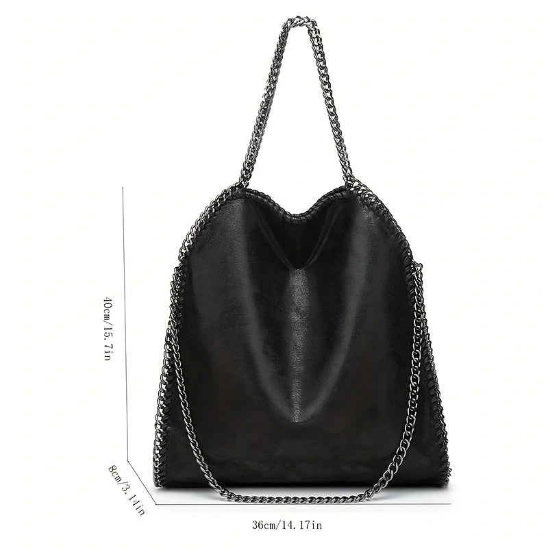 Black women's fashion handbag with a chain strap, casual design, large size, shoulder and crossbody style, suitable for daily use.