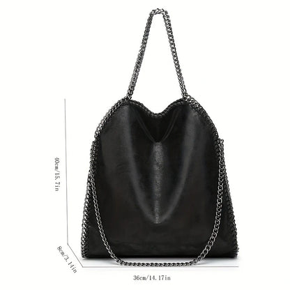 Black women's fashion handbag with a chain strap, casual design, large size, shoulder and crossbody style, suitable for daily use.