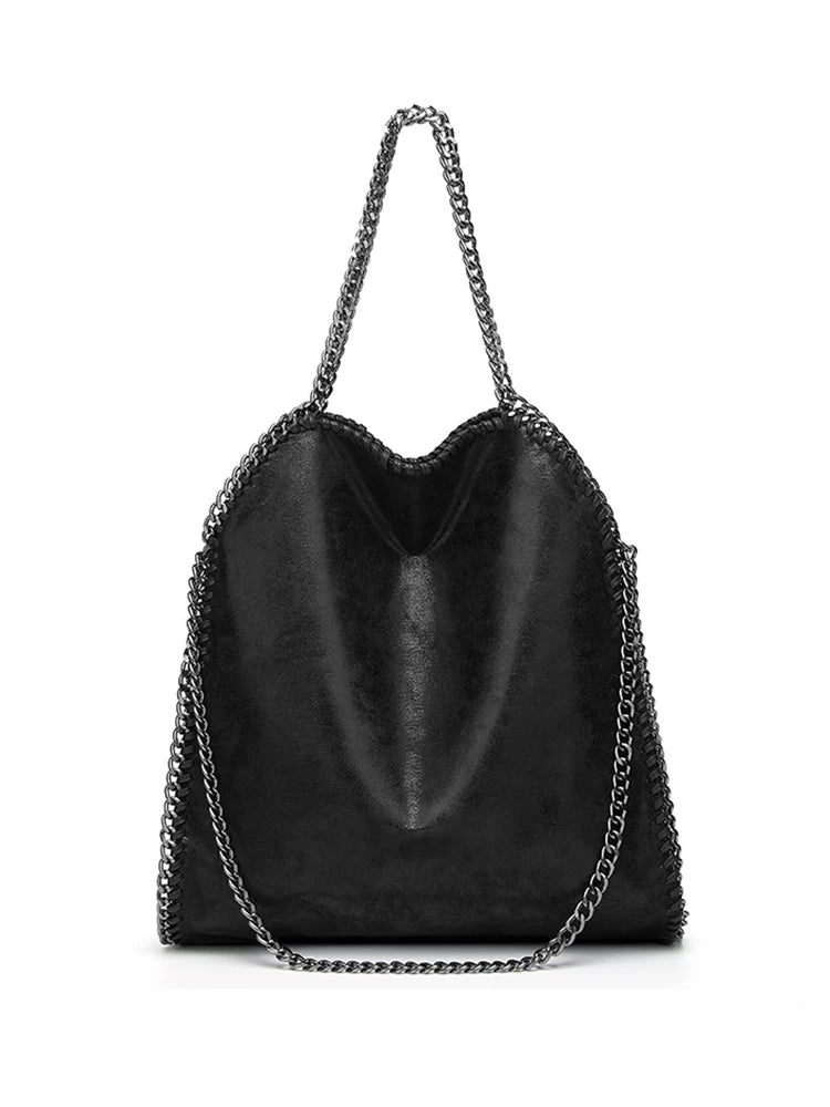 Black women's fashion handbag with chain strap, casual pocket design, large size, shoulder and crossbody style.