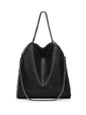 Black women's fashion handbag with chain strap, casual pocket design, large size, shoulder and crossbody style.