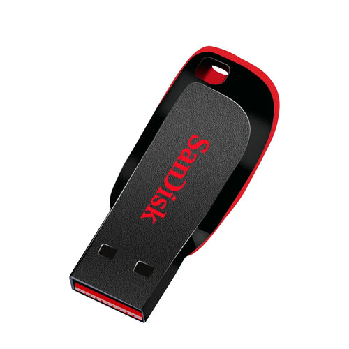 Black SanDisk USB 2.0 flash drive in 32GB capacity, showcasing a compact pen drive with a sleek design and USB connector.