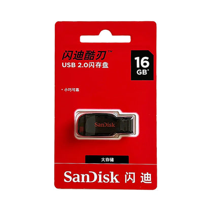 SanDisk Original USB 2.0 Flash Drive in black, available in 16GB, 32GB, 64GB, and 128GB, shown in close-up with cap removed.