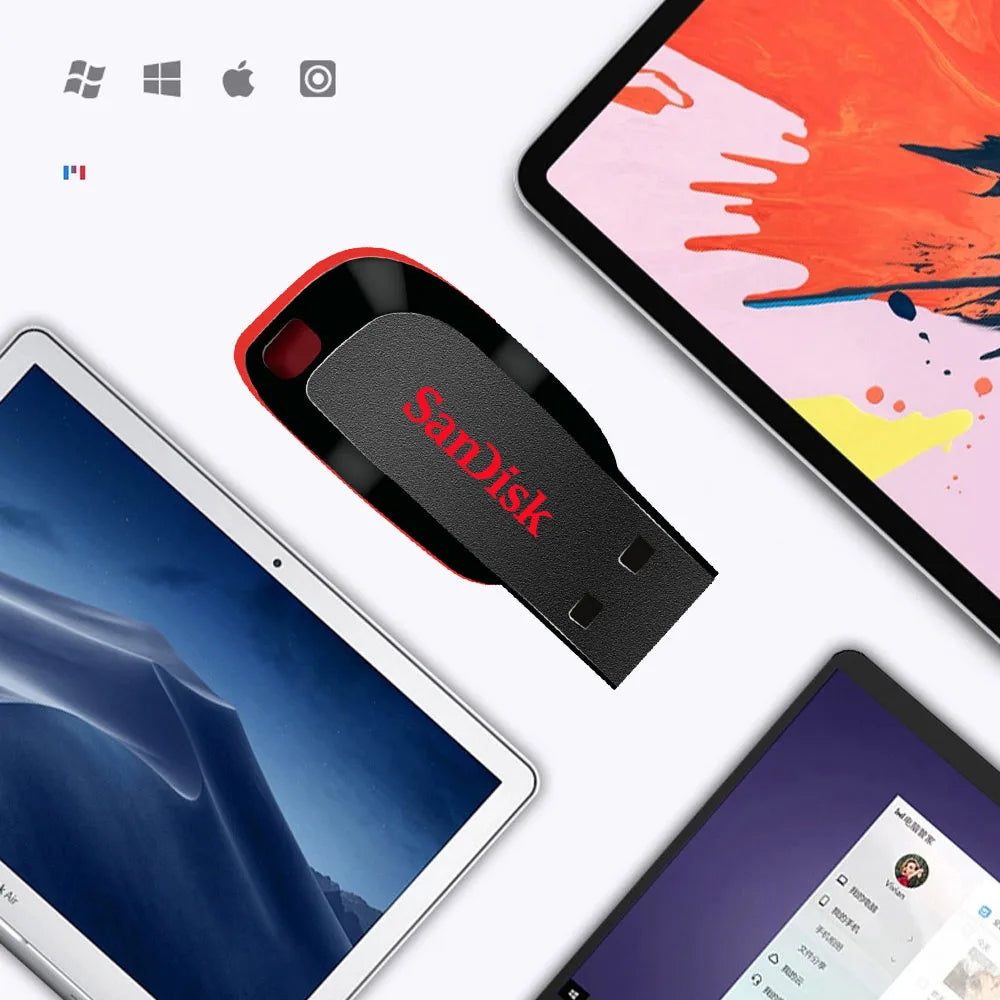 SanDisk 32GB USB 2.0 flash drive with black plastic casing, portable USB stick for data storage and transfer.