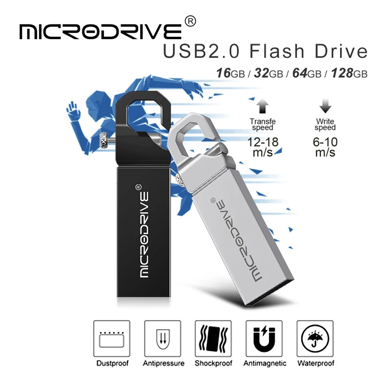 Black USB flash drive by BackupMyFilesNow with 32GB capacity, shown with various storage sizes and key design features.