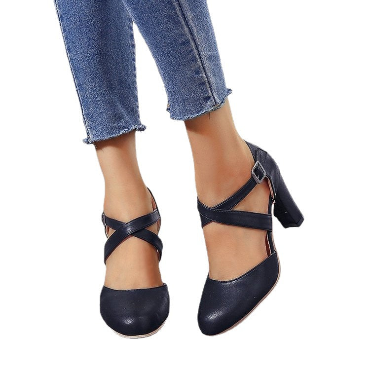 Backupmyfilesnow.com® high-heel chunky sandals with buckle closure, featuring stylish design and ankle strap for women.