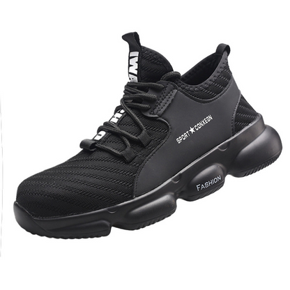 Black men's safety shoes with steel toe caps and slip-resistant soles, designed for workplace protection and durability.