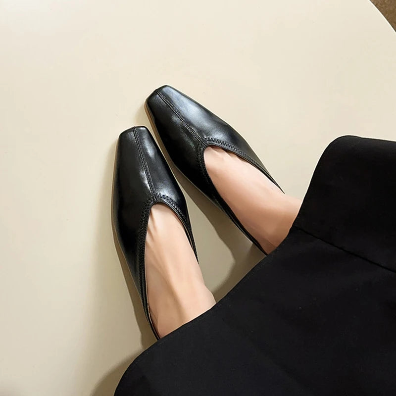 Black genuine leather women’s mules with square toe and chunky heel, spring/summer women’s sandals with soft, cover toe design.