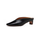 Black genuine leather women’s mules with square toe, chunky heel, slip-on design, summer spring women’s sandals, soft and stylish.