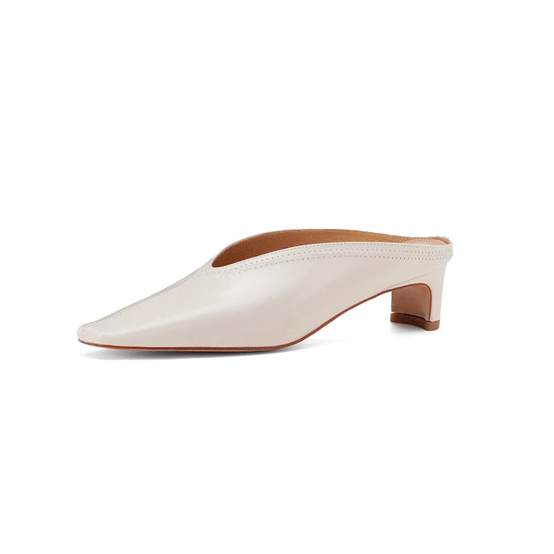 Black genuine leather women’s mules with square toe and chunky heel, summer spring sandals, soft cover toe shoes for women.