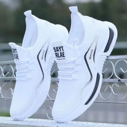 Black men's slip-on fashion sneakers, breathable sport running shoes for gym, training, walking, tennis, and non-slip workouts.