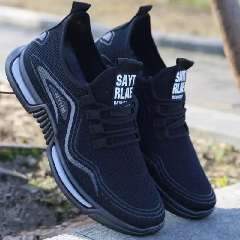 Black men's slip-on fashion sneakers, breathable sport running shoes, ideal for gym, training, walking, and tennis.