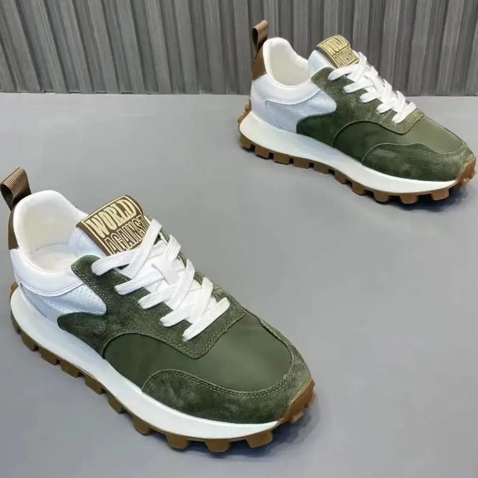 Black men's lug sole anti-skid sneakers with lace-up design, faux leather, wedge heel, ideal for travel and walking.