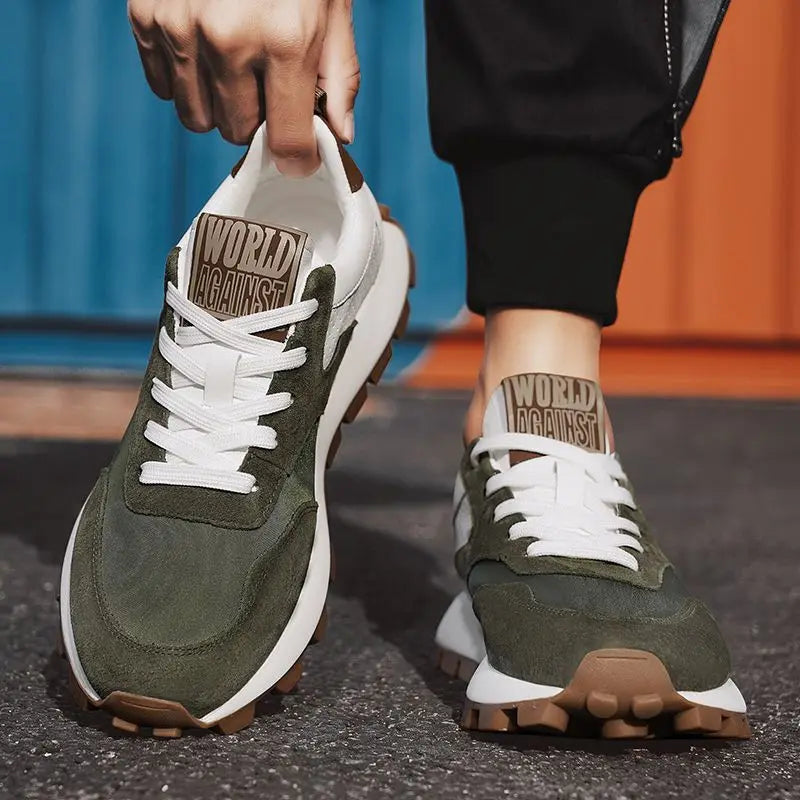 Black men's lug sole anti-skid sneakers with lace-up design, faux leather upper, ideal for travel and walking, stylish male trainers