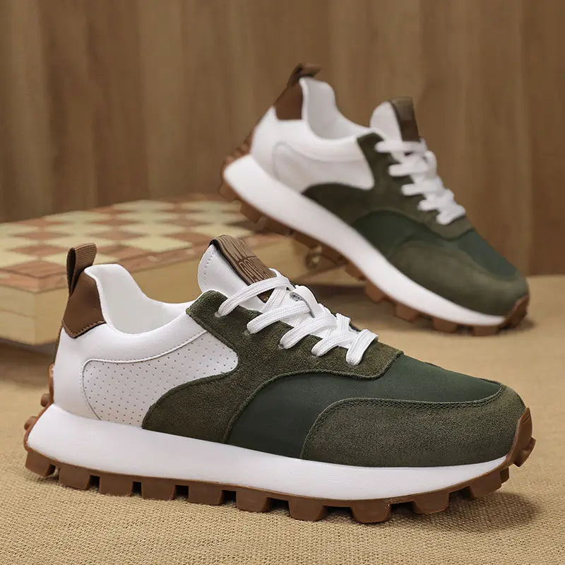 Black men's faux leather lug sole sneakers with anti-skid design, lace-up travel and walking shoes, male wedge trainers for fashion.
