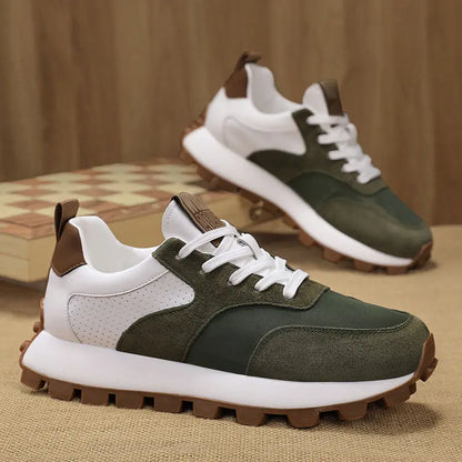 Black men's faux leather lug sole sneakers with anti-skid design, lace-up travel and walking shoes, male wedge trainers for fashion.