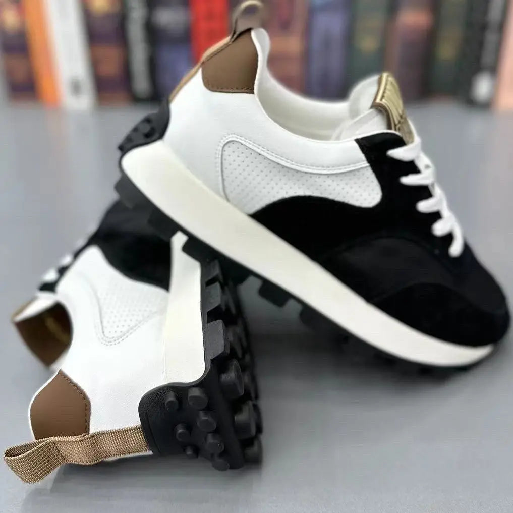 Black men's lug sole anti-skid sneakers with lace-up design, faux leather upper, ideal for travel and walking, wedge style.