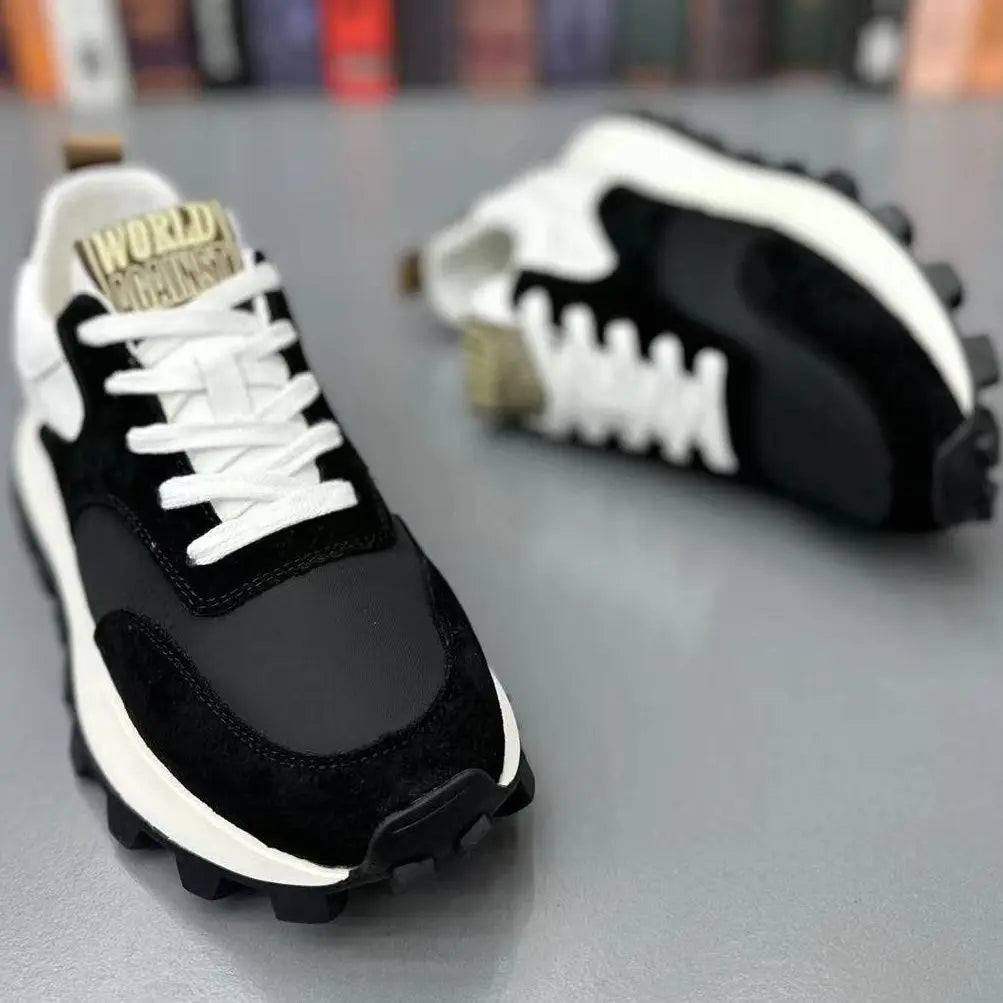 Black men's lug sole anti-skid sneakers with lace-up design, faux leather upper, and wedge heel for travel and walking.