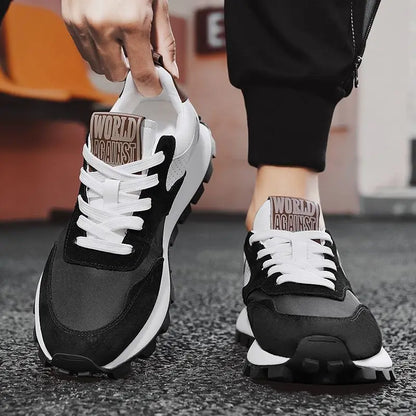 Black men's lug sole anti-skid sneakers with lace-up design, faux leather, and wedge heel, ideal for travel and walking.