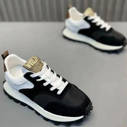 Black men's lug sole anti-skid sneakers with lace-up design, faux leather, wedged heel, ideal for travel and casual walking.