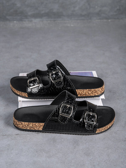 Black men's summer sandals with double buckles, casual beach style, breathable, anti-odor, suitable for business and leisure.