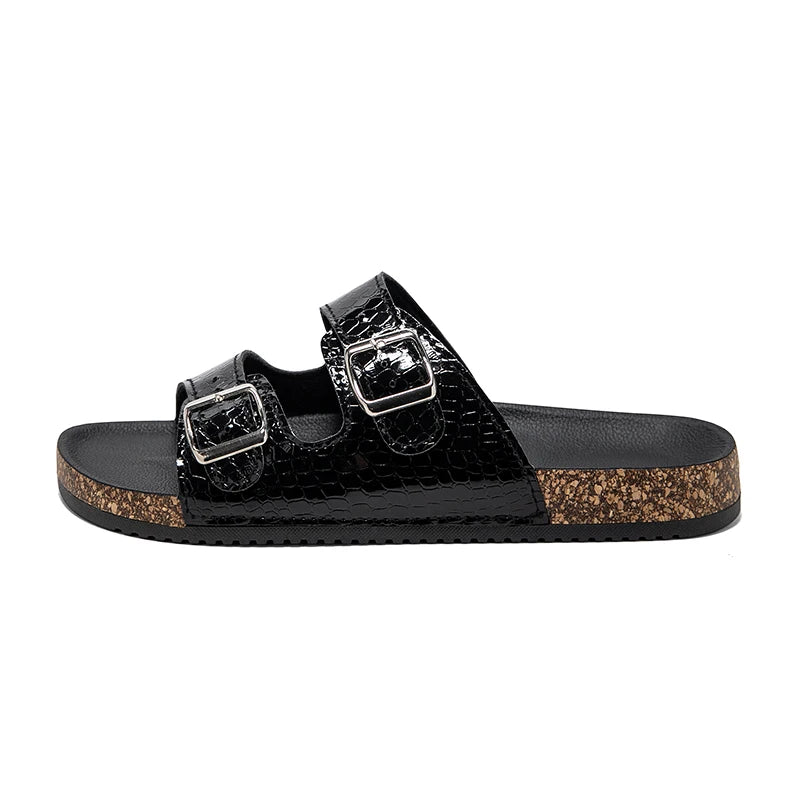Black men's summer sandals with double buckles, casual beach style, breathable, anti-odor, suitable for business or leisure wear.