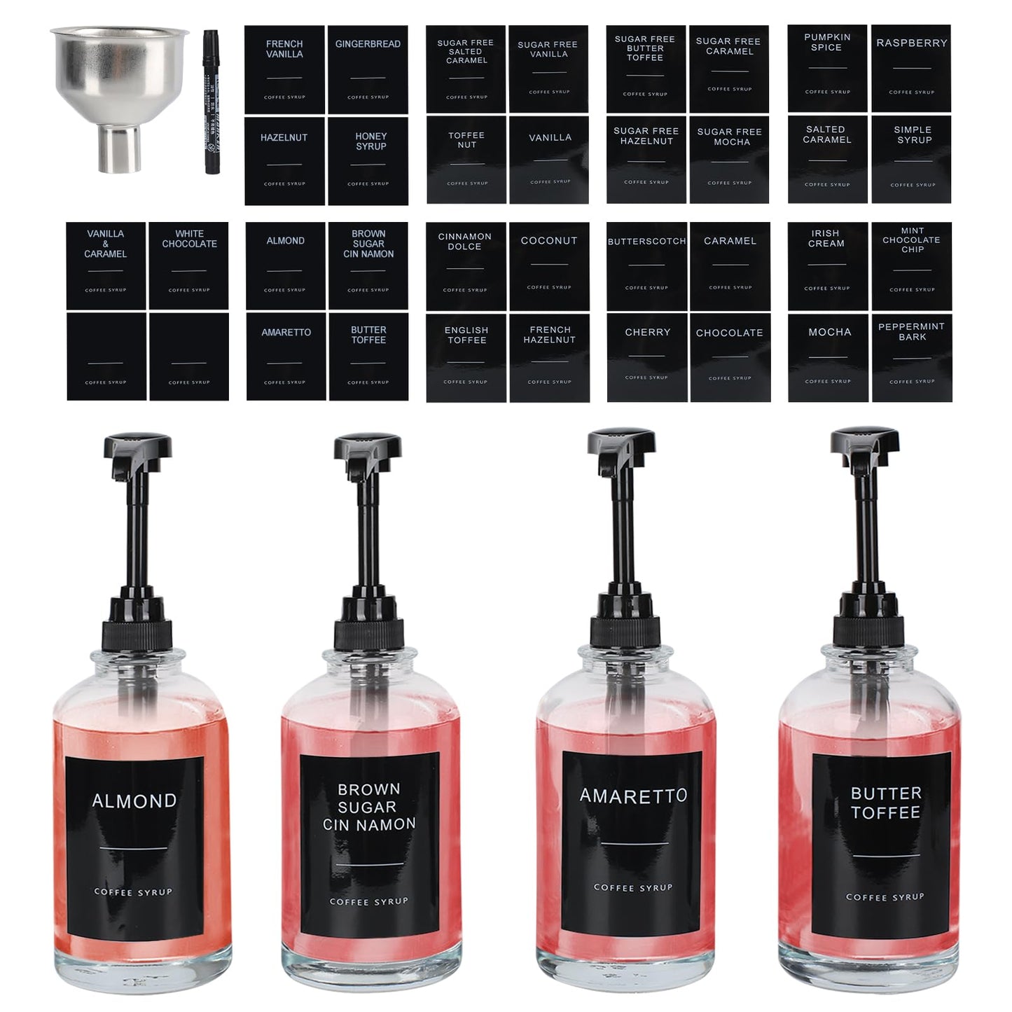 Black 16.9oz coffee syrup dispenser set with labels, 4-pack coffee bar accessories for syrup bottles, model MSTCMZP from BACKUPMYFILESNOW.COM®