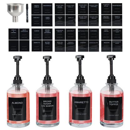 Black 16.9oz coffee syrup dispenser set with labels, 4-pack coffee bar accessories for syrup bottles, model MSTCMZP from BACKUPMYFILESNOW.COM®