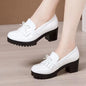 Black lacquer leather medium heel shoes for women with thick soles, waterproof platform, British style, suitable for autumn 2023.
