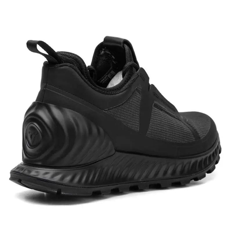 Men's black lightweight running shoes with natural luxury design, ideal for hiking, walking, mountain climbing, and outdoor adventures.