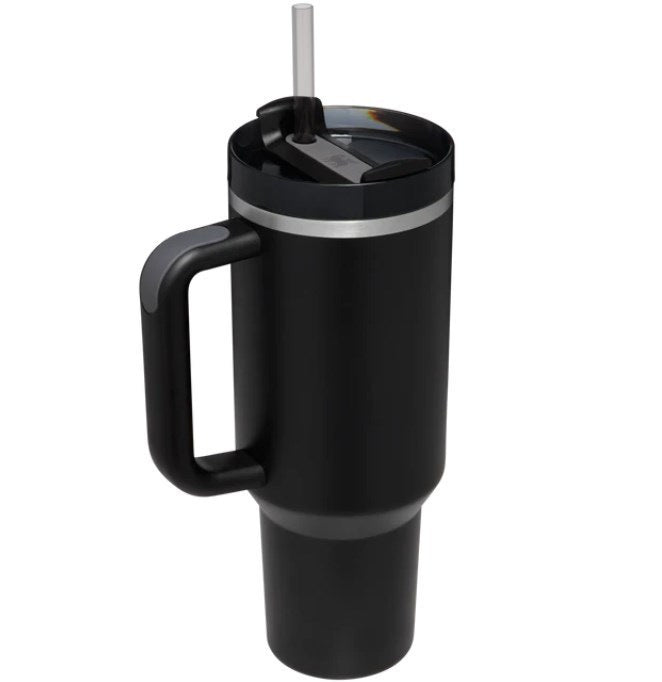 Black 40oz stainless steel car straw cup from BACKUPMYFILESNOW.COM® with a spill-proof lid and durable design for on-the-go hydration.