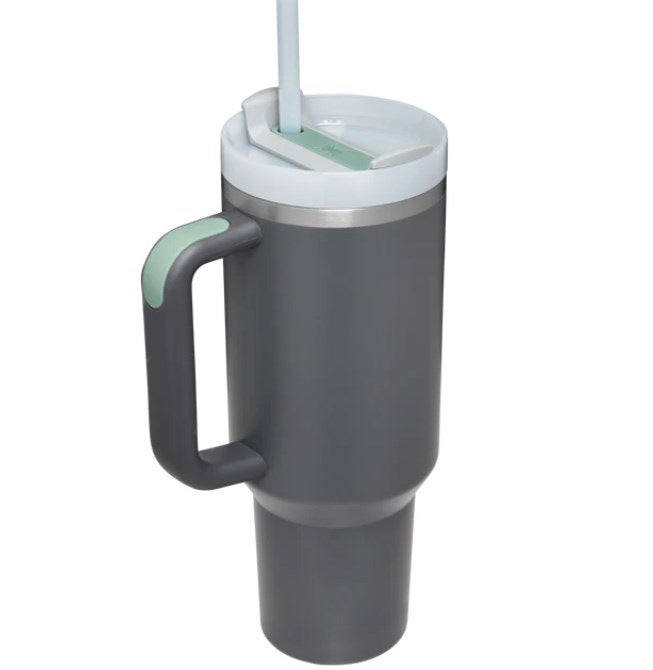Black 40oz stainless steel car straw cup by BACKUPMYFILESNOW.COM® with a spill-proof lid and durable design for travel.
