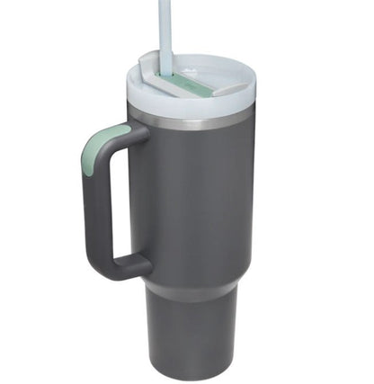 Black 40oz stainless steel car straw cup by BACKUPMYFILESNOW.COM® with a spill-proof lid and durable design for travel.