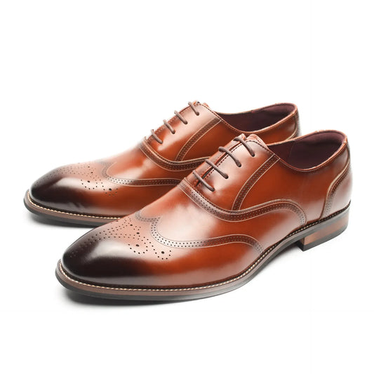 Black genuine leather men's dress shoes with vintage carving wingtip brogue design, stylish British-inspired men's footwear.