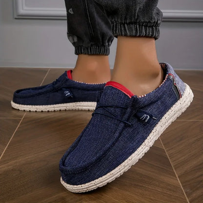 Men's black canvas loafers by BackupMyFilesNow.com featuring breathable, comfortable casual and driving shoes with flat vulcanized soles.