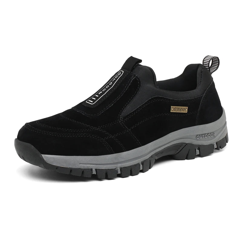 Black men's slip-on hiking shoes by BackupMyFilesNow.com, outdoor trekking sneakers with durable soles for trail walking in big sizes.