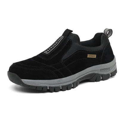 Black men's slip-on hiking shoes by BackupMyFilesNow.com, outdoor trekking sneakers with durable soles for trail walking in big sizes.