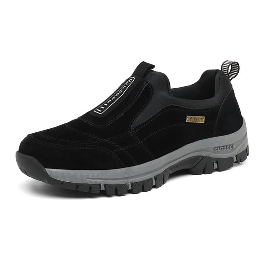 Black men's slip-on hiking shoes by BackupMyFilesNow.com, outdoor trekking sneakers with durable soles for trail walking in big sizes.
