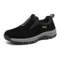 Black men's slip-on hiking shoes by BackupMyFilesNow.com, outdoor trekking sneakers with durable soles for trail walking in big sizes.