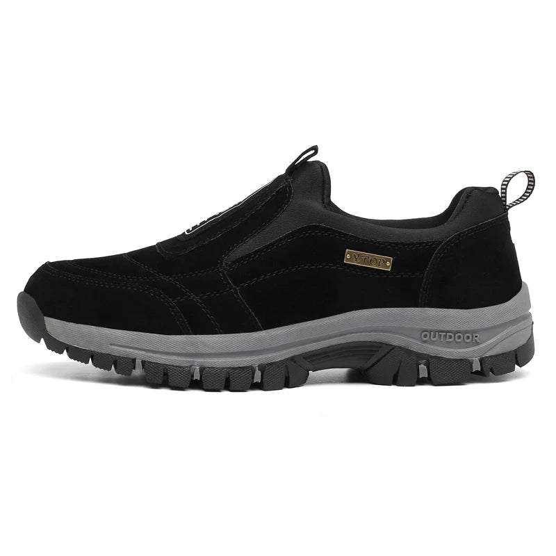 Black men's slip-on outdoor trekking and hiking shoes with rugged soles, suitable for trail walking and running in big sizes 48-51.