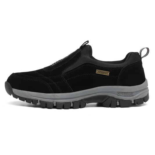 Black men's slip-on outdoor trekking and hiking shoes with rugged soles, suitable for trail walking and running in big sizes 48-51.