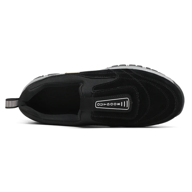 Black men's slip-on outdoor trekking and hiking shoes, durable sneakers for trail walking and running in big sizes 48-51.
