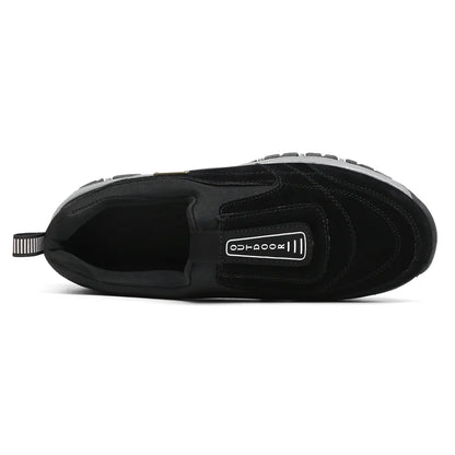Black men's slip-on outdoor trekking and hiking shoes, durable sneakers for trail walking and running in big sizes 48-51.