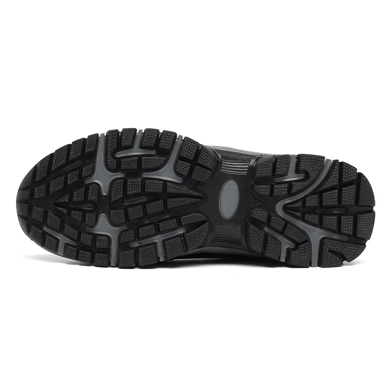 Black men's slip-on outdoor trekking and hiking shoes with rugged soles, designed for trail walking and running in big sizes 48-51.